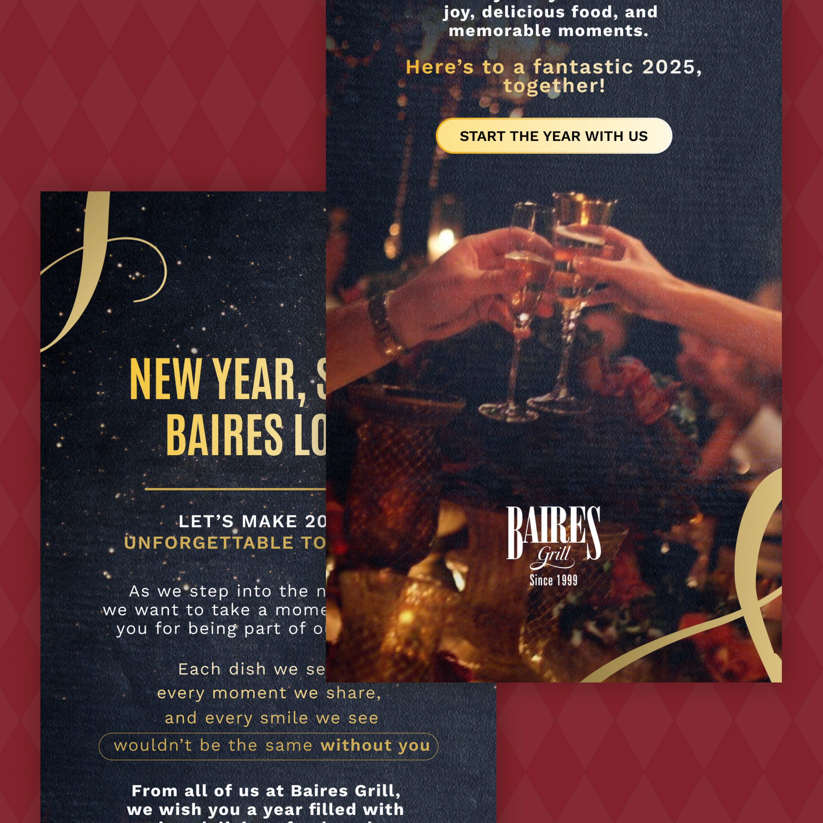 Two Baires Grill New Year emails, gold type on black beside a photo of guests toasting with champagne