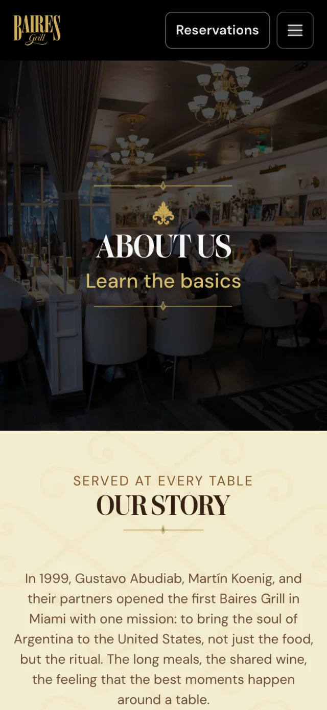 About us page of bairesgrill.com on a phone