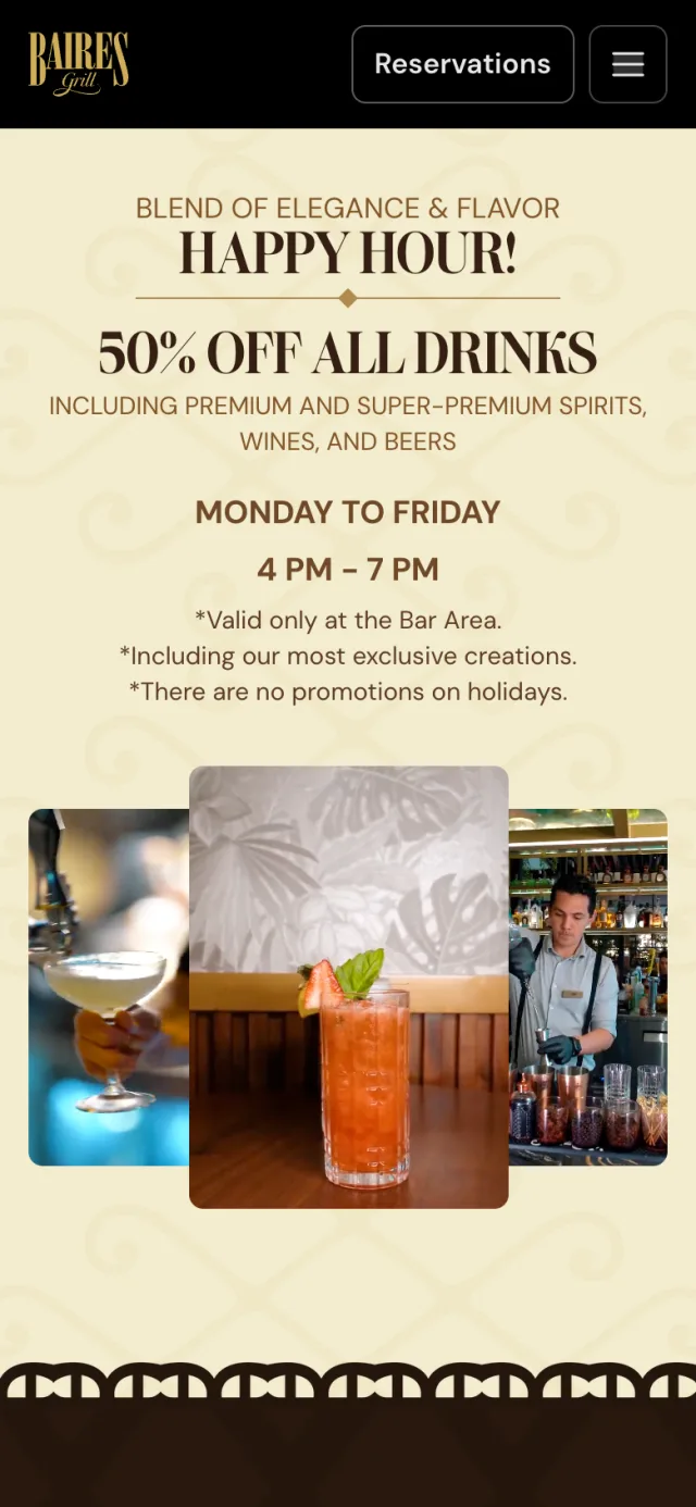 Happy hour section of the home page of bairesgrill.com on a phone
