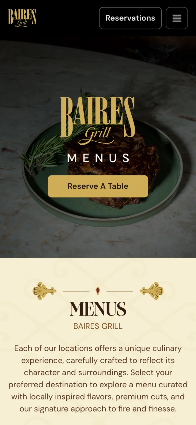 Menus page of bairesgrill.com on a phone