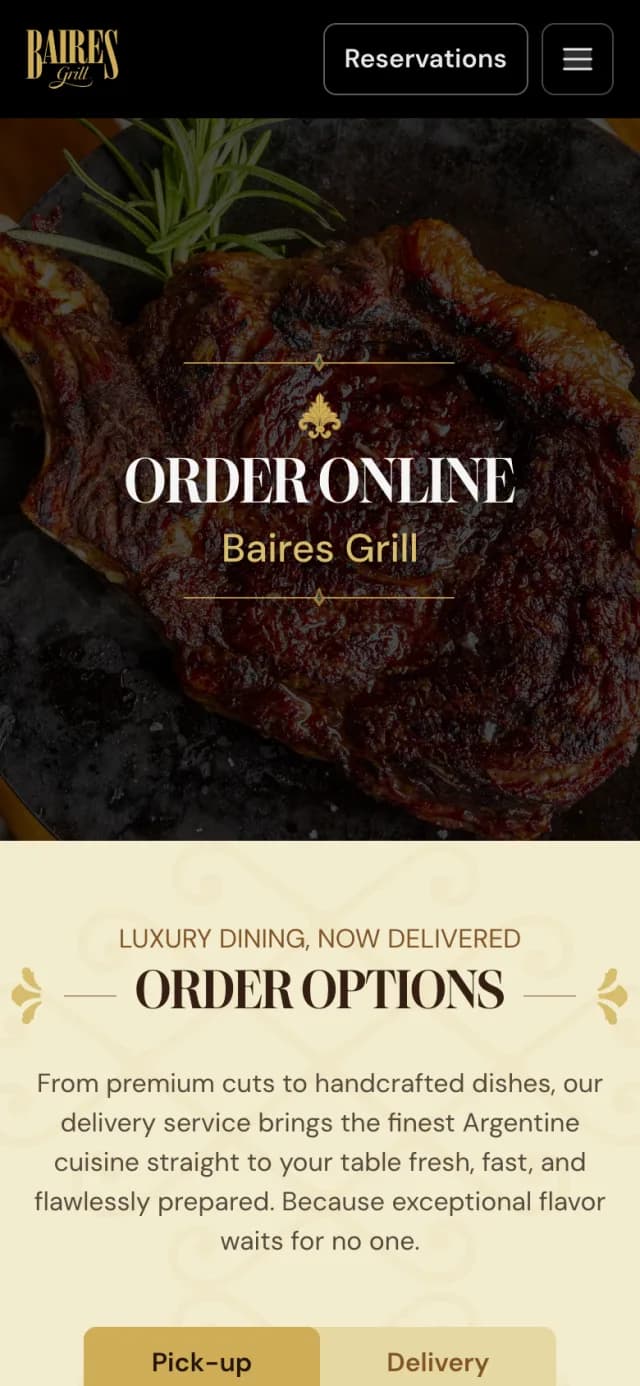 Order online page of bairesgrill.com on a phone