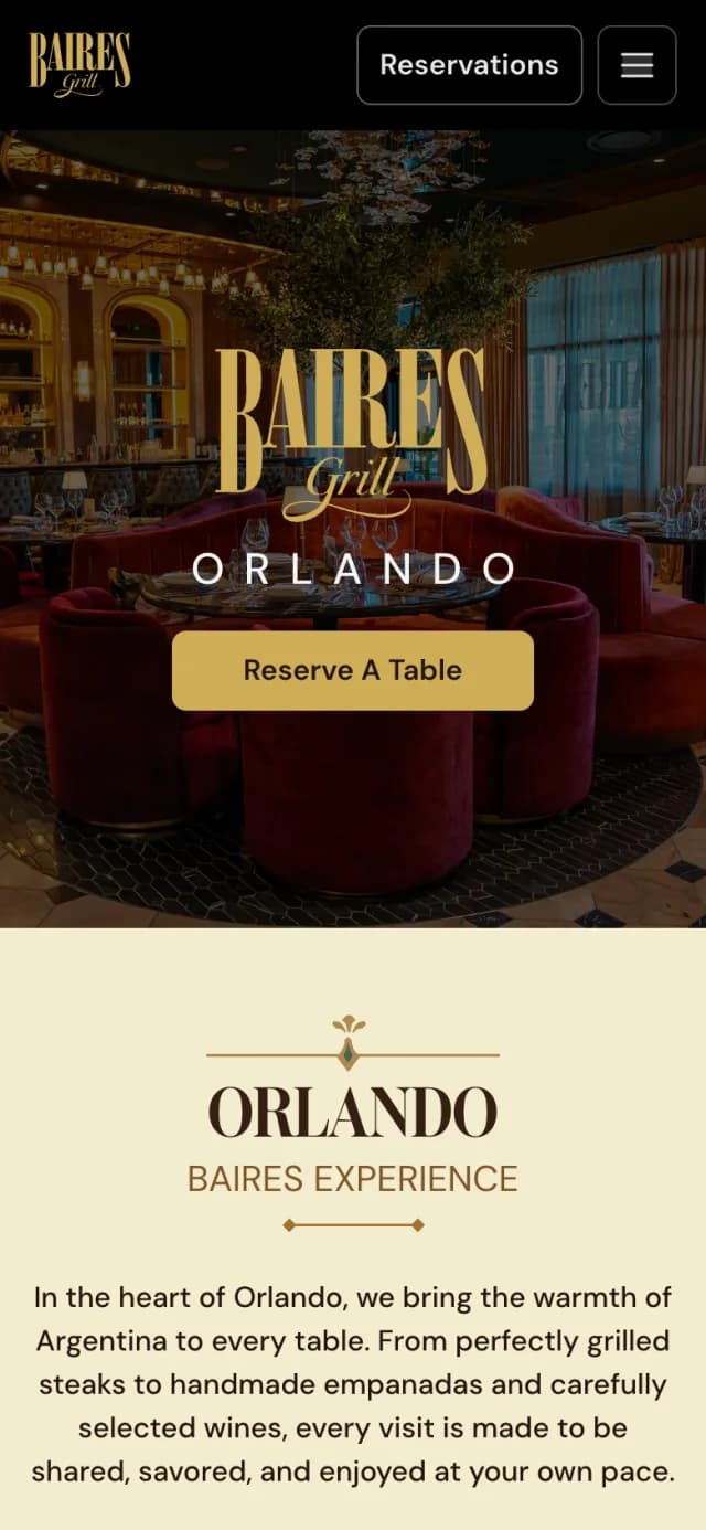 Orlando location page of bairesgrill.com on a phone