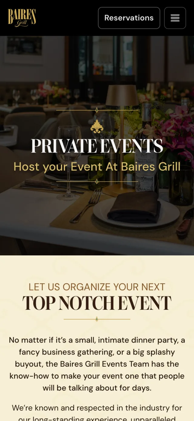 Private events page of bairesgrill.com on a phone