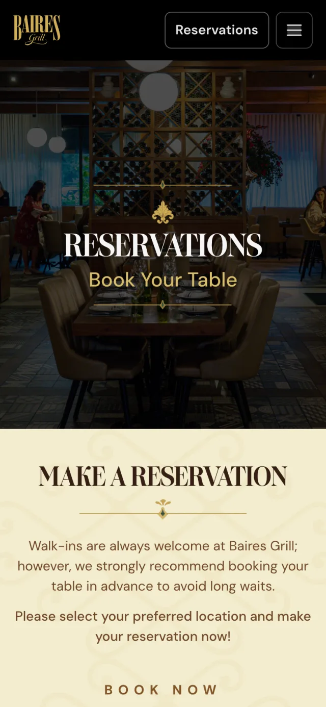 Reservations page of bairesgrill.com on a phone