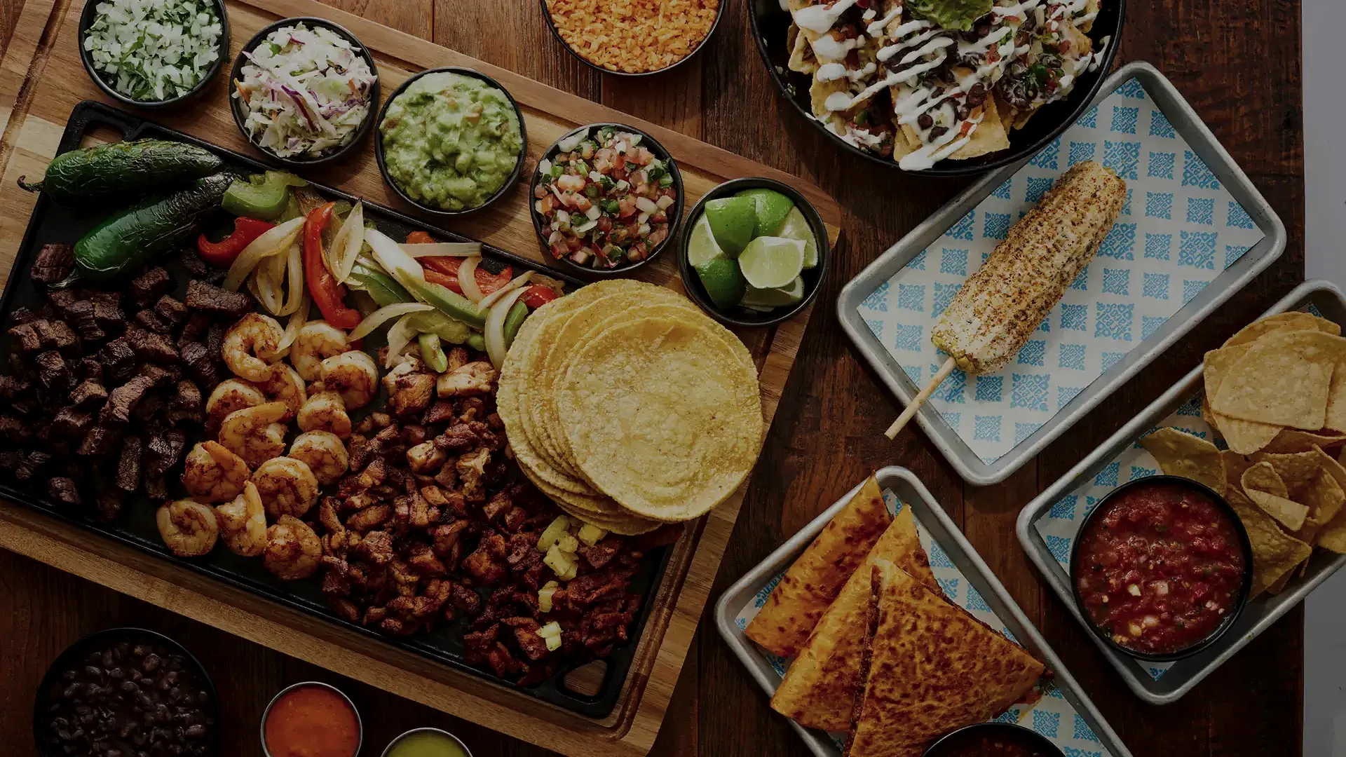 Overhead food spread showing the house shot style, Rreal Tacos, content production by Resto Experience
