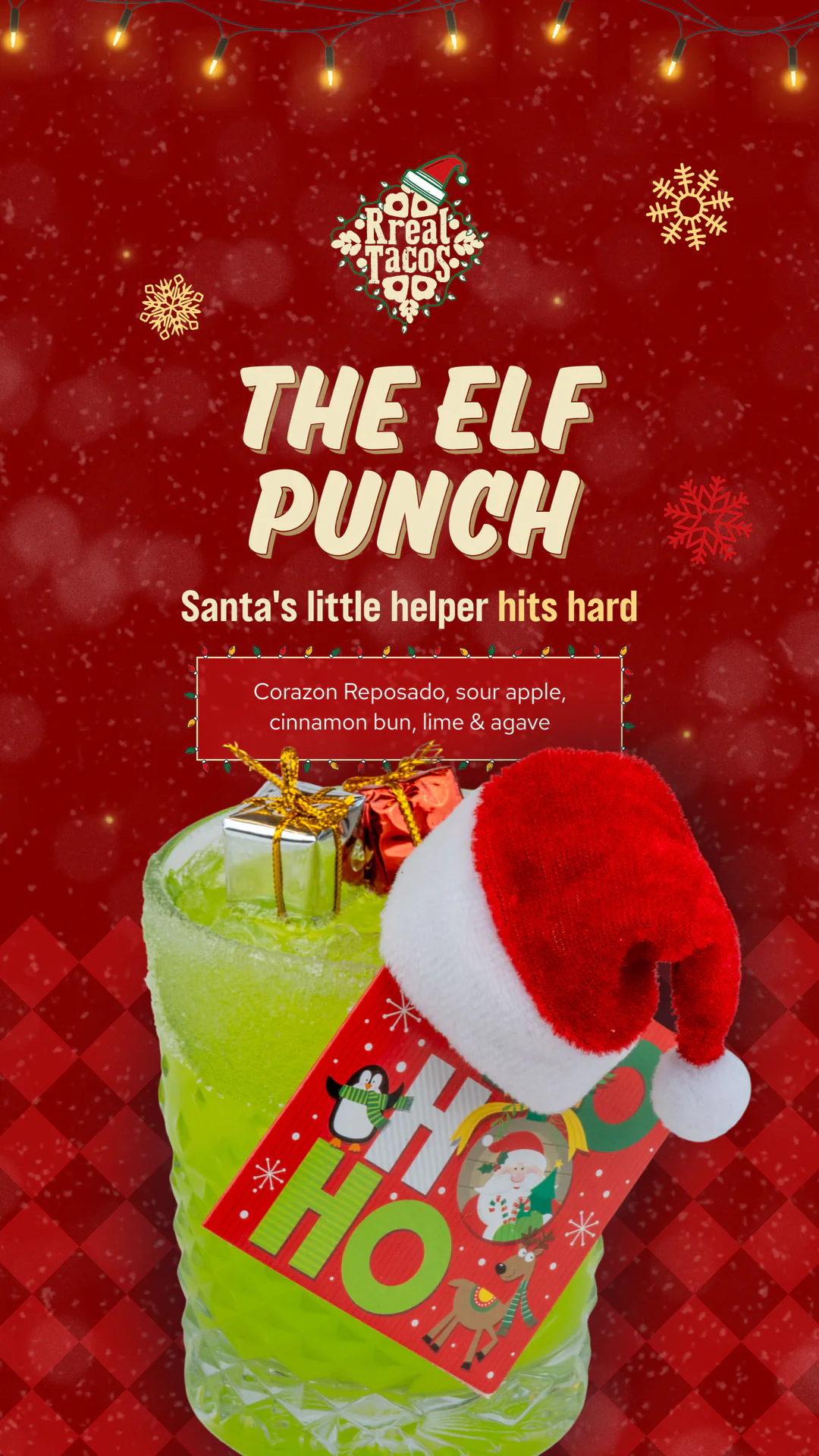 Holiday cocktail story creative for the Elf Punch, Rreal Tacos, seasonal activation designed by Resto Experience
