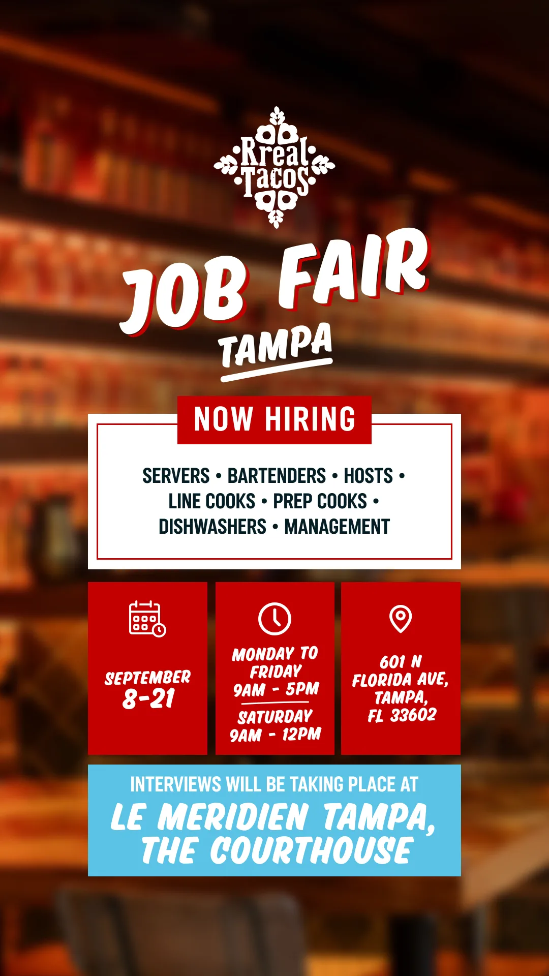 Hiring story creative for the Tampa job fair, Rreal Tacos, restaurant social media management by Resto Experience