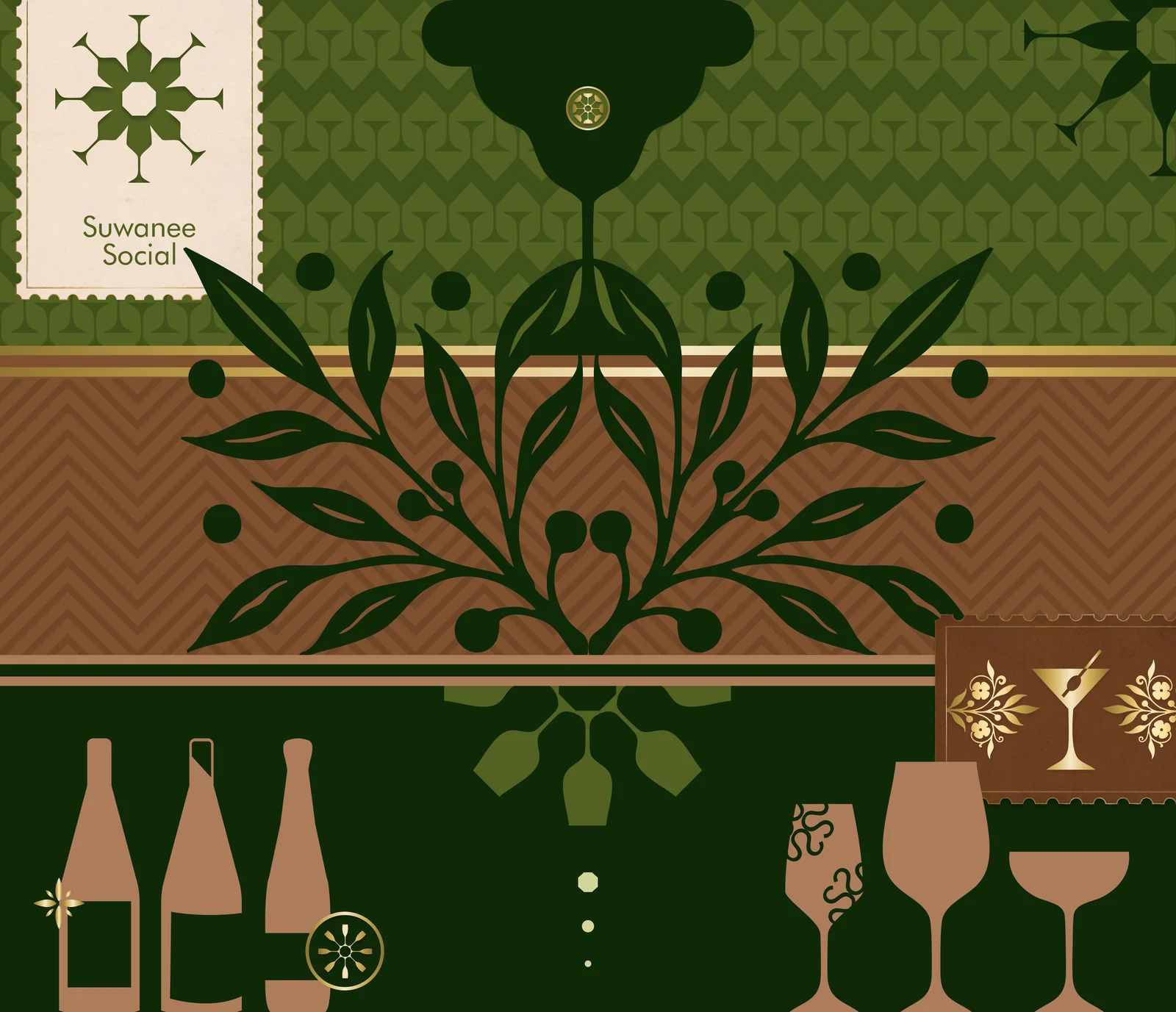 The Suwanee Social brand world: pattern, botanical motif, glassware and the stamp mark