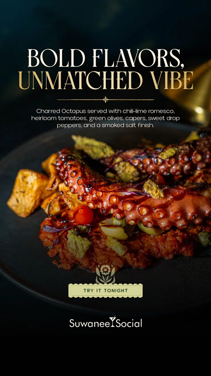 Charred octopus story: chili-lime romesco, heirloom tomatoes and a smoked salt finish