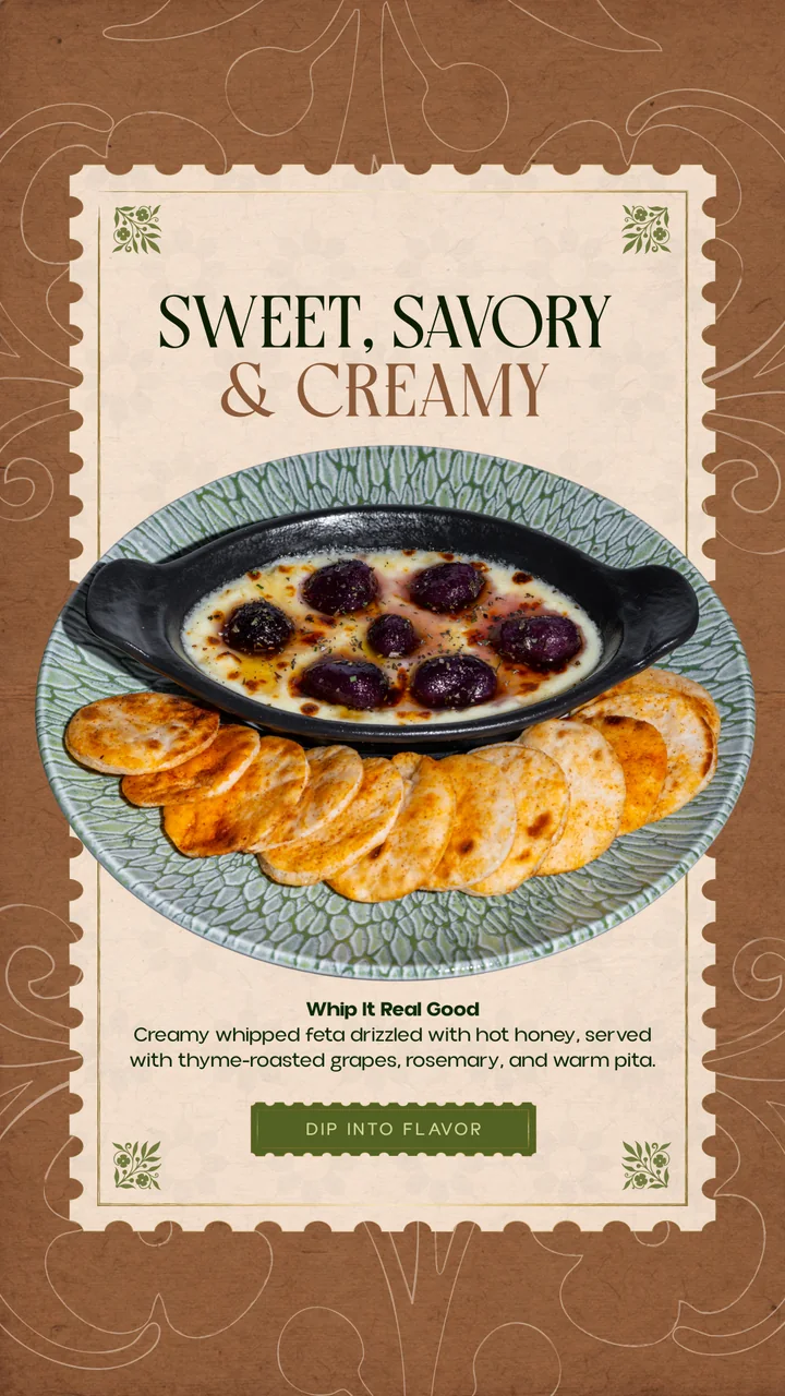 Whipped feta story: drizzled with hot honey, thyme-roasted grapes and warm pita
