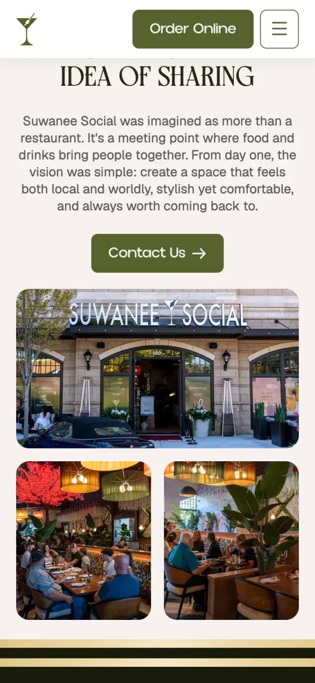 Photo gallery on the about us page of thesuwaneesocial.com on a phone