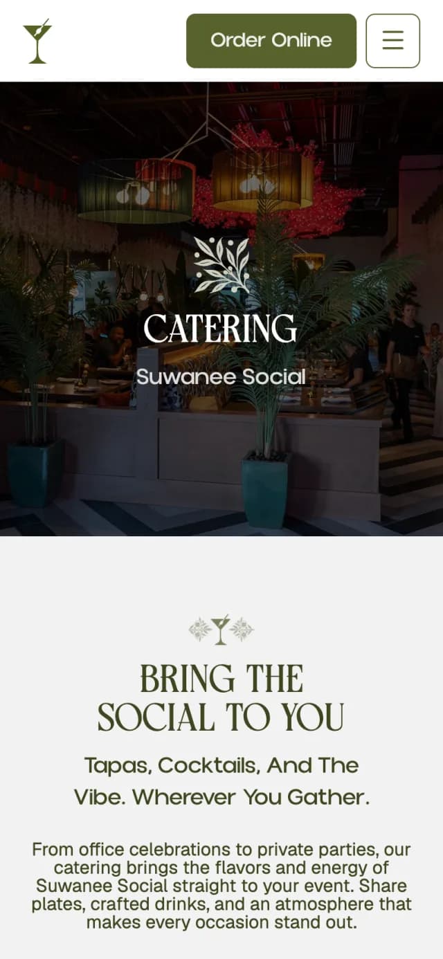 Catering page of thesuwaneesocial.com on a phone