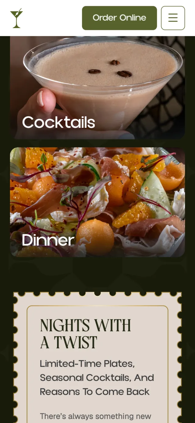 Cocktails and dinner section of the home page of thesuwaneesocial.com on a phone