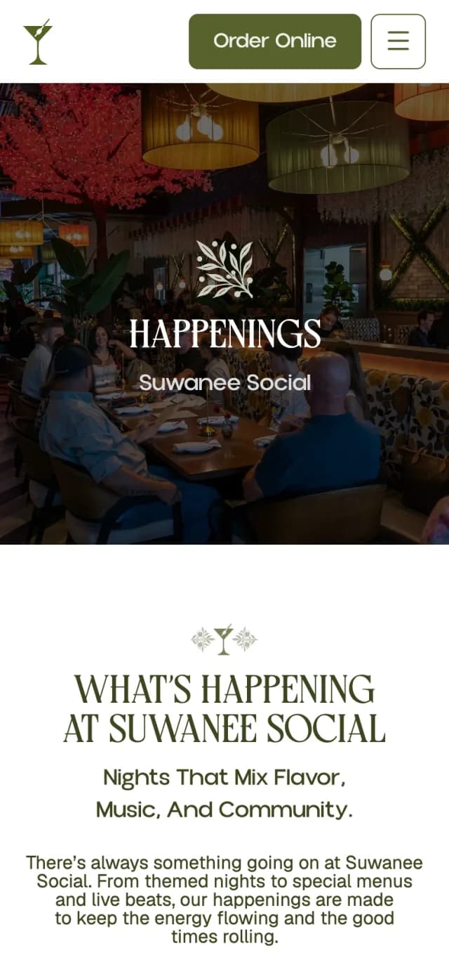 Happenings page of thesuwaneesocial.com on a phone