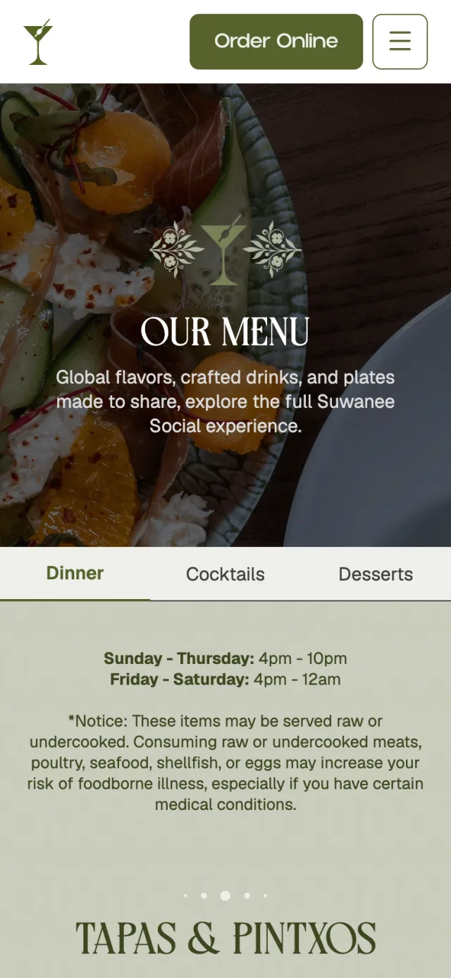 Menu page of thesuwaneesocial.com on a phone