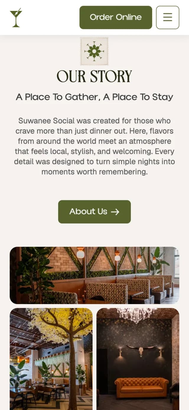 Our story section of the home page of thesuwaneesocial.com on a phone