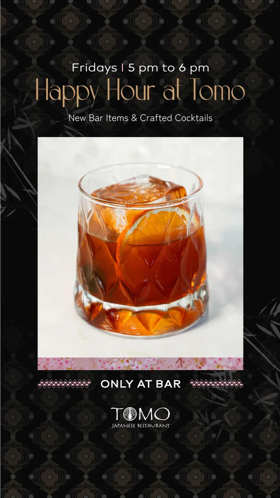Happy hour flyer for the Tomo bar, Fridays from five