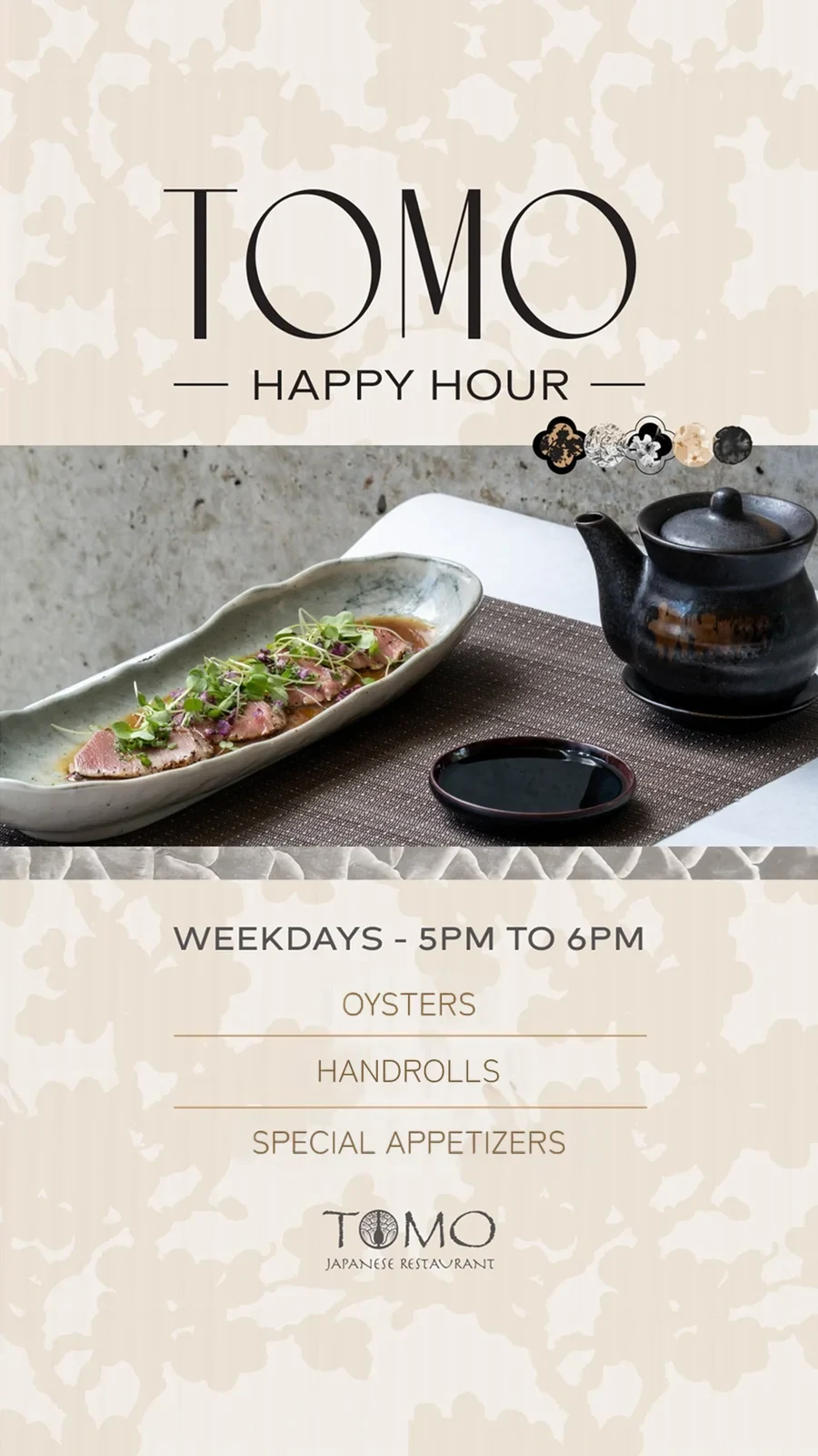 Happy hour flyer listing the weekday bar menu