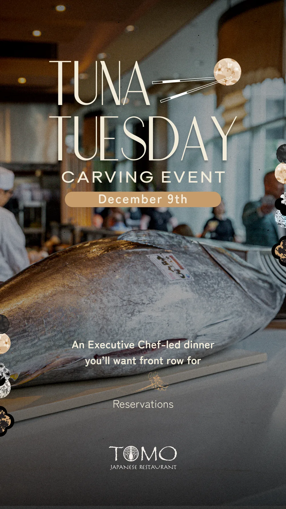 Tuna Tuesday flyer with the bluefin shot close on the counter
