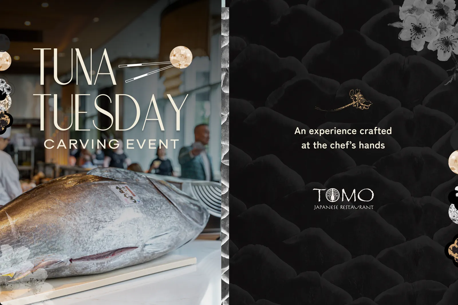 The Tuna Tuesday carving event: the whole bluefin on the counter before the carving, next to the Tomo lockup