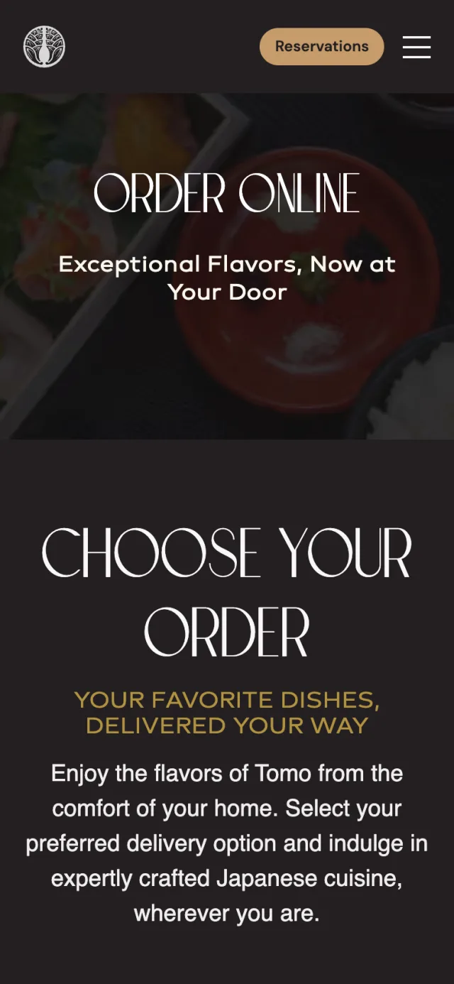 Order online page of tomorestaurant.com on a phone