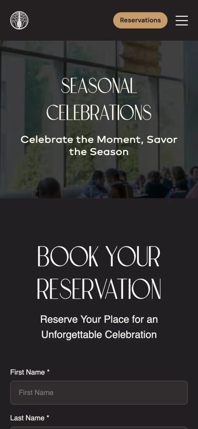Seasonal celebrations page of tomorestaurant.com on a phone