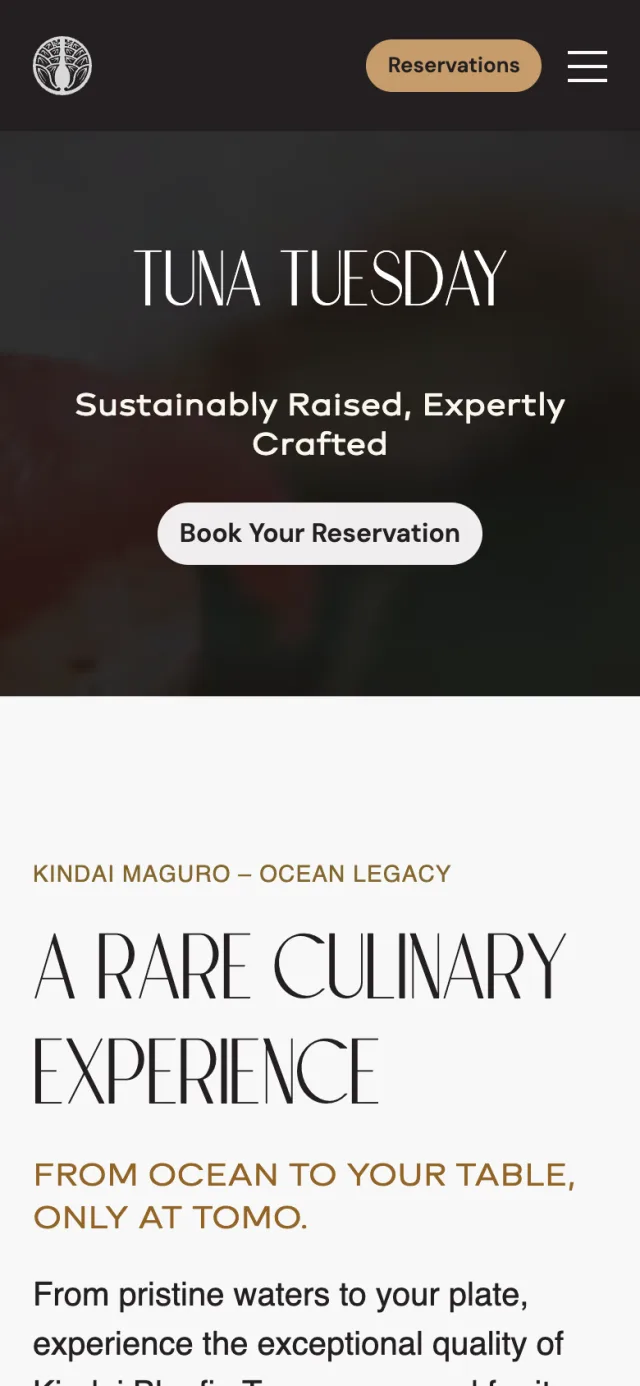 Tuna Tuesday page of tomorestaurant.com on a phone