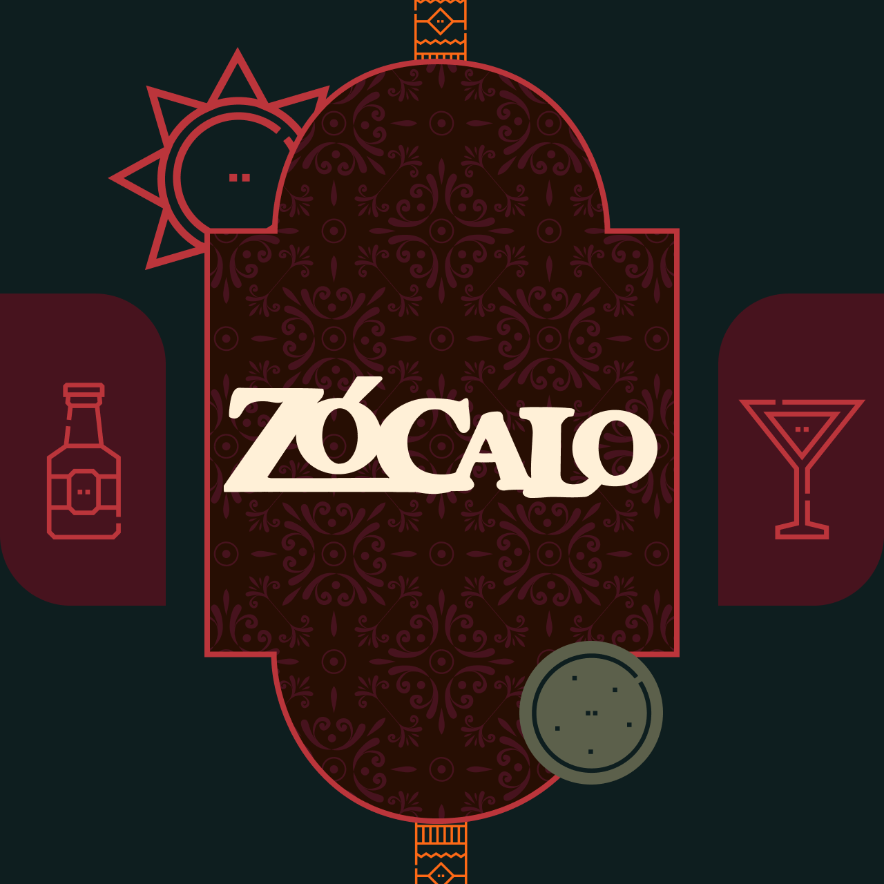 The Zócalo wordmark on an arched burgundy panel with damask pattern, flanked by line icons of a sun, a bottle and a cocktail