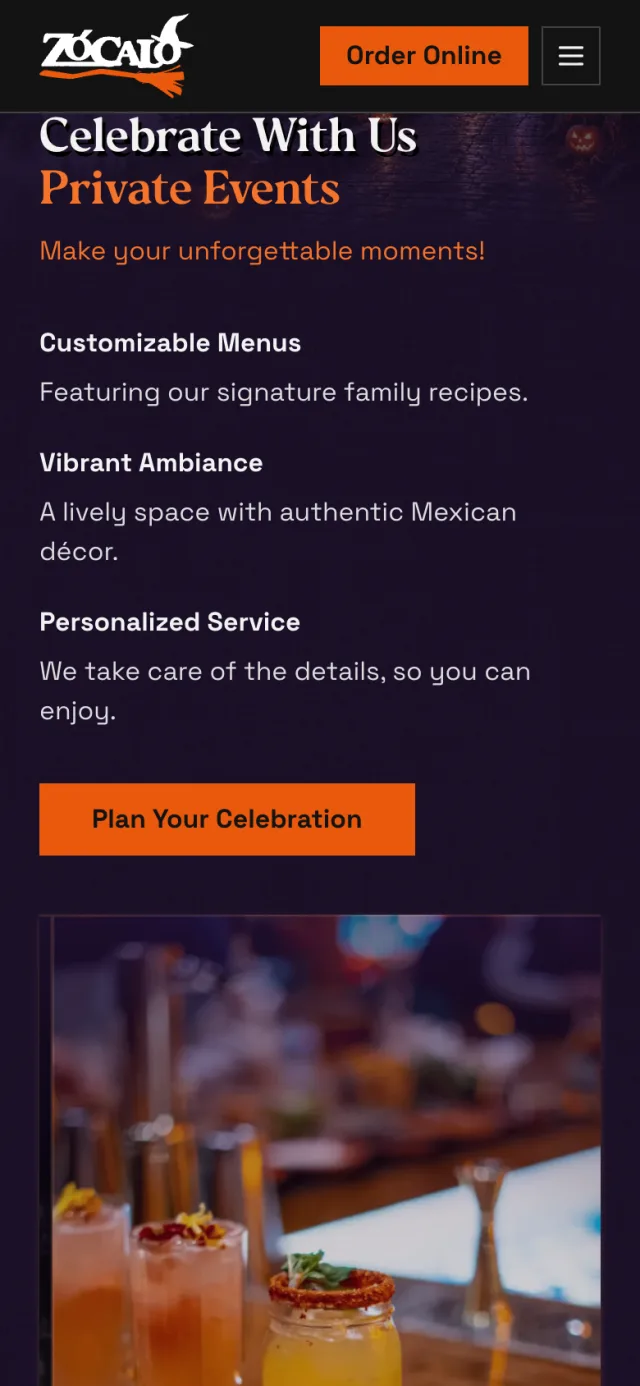 Private events section of the home page of eatzocalo.com on a phone