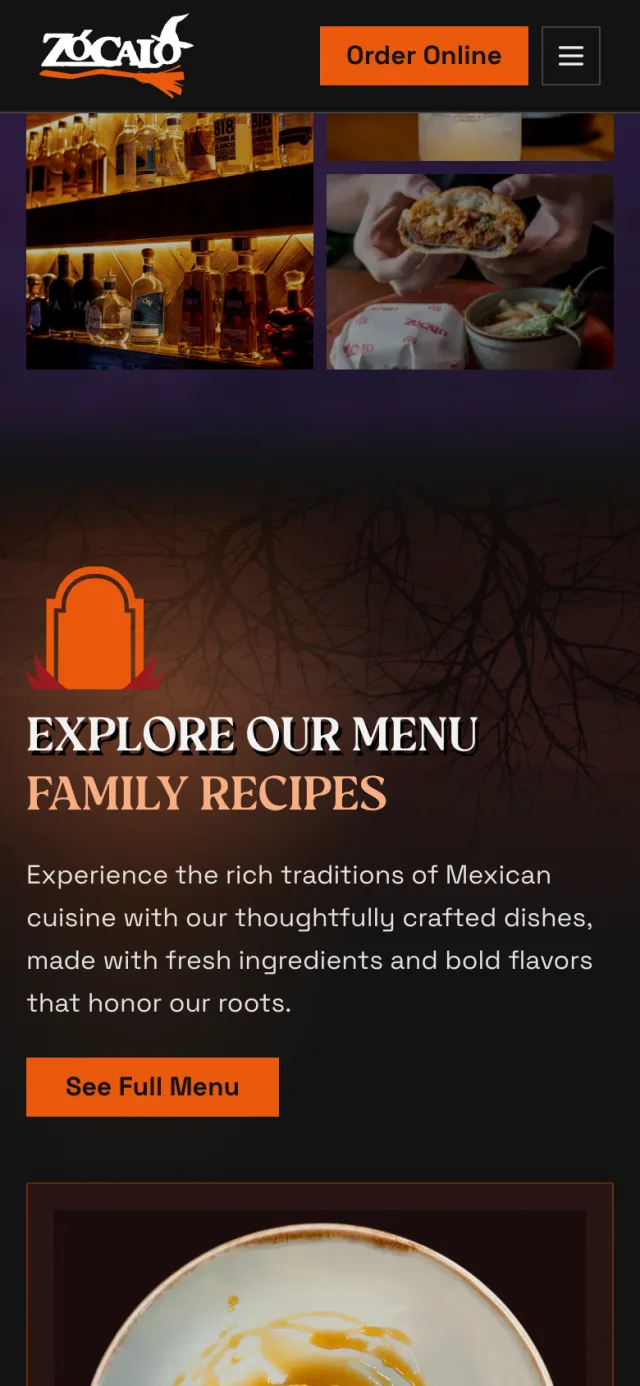 Menu section of the home page of eatzocalo.com on a phone