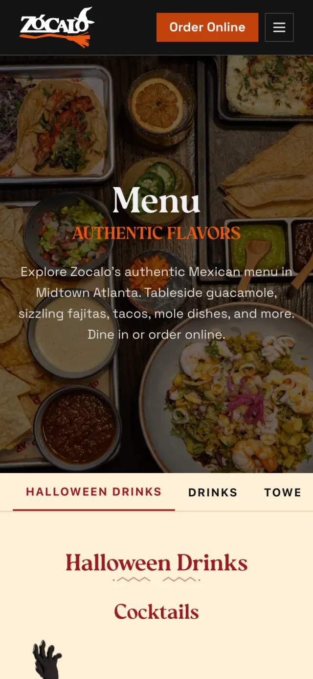 Menu page of eatzocalo.com on a phone