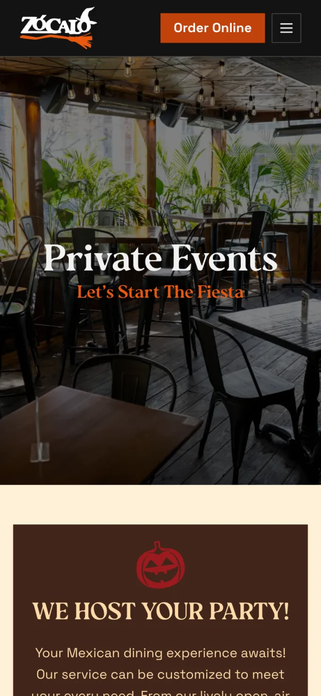 Private events page of eatzocalo.com on a phone