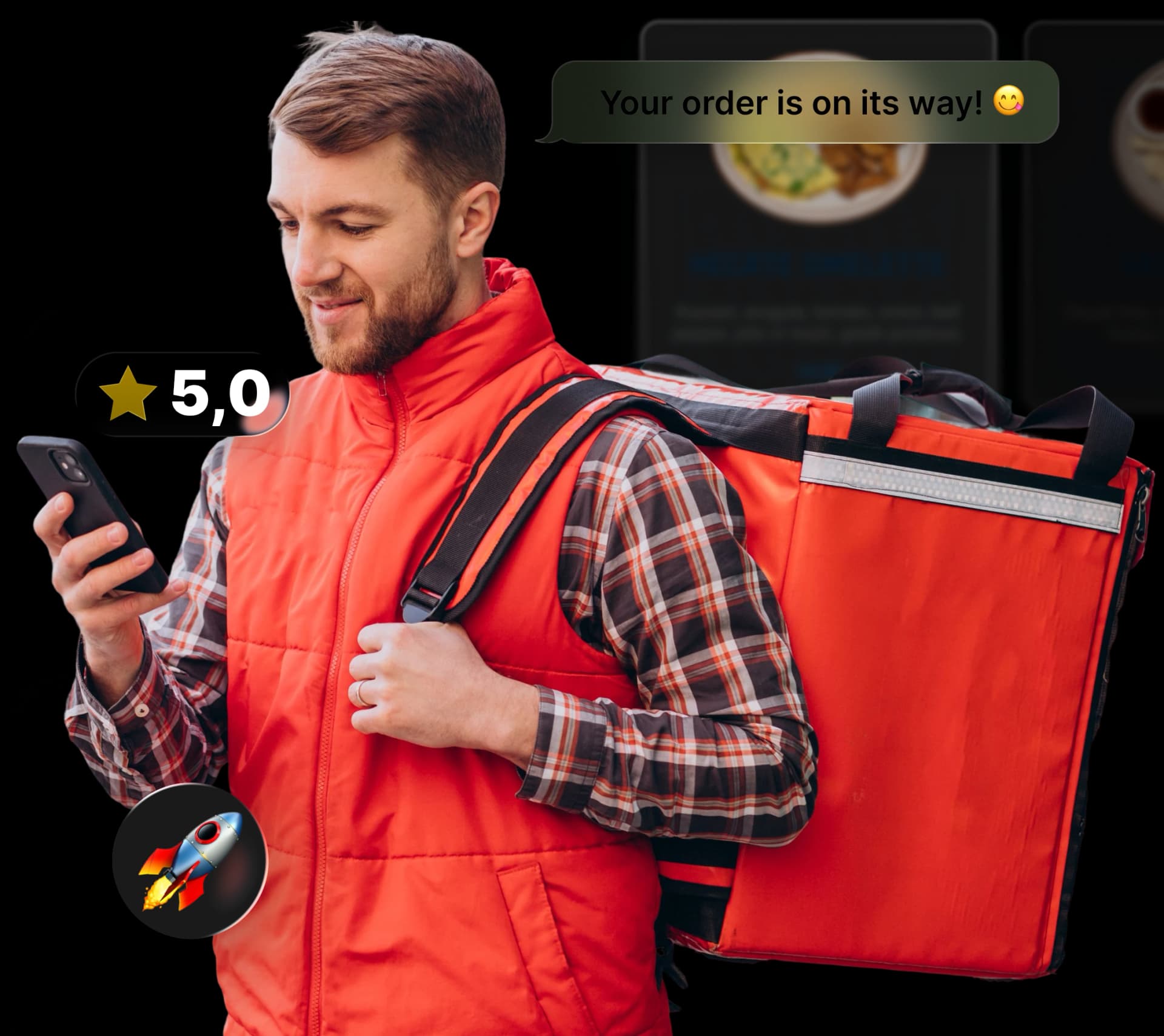 Delivery courier with insulated bag and floating order tracking notifications