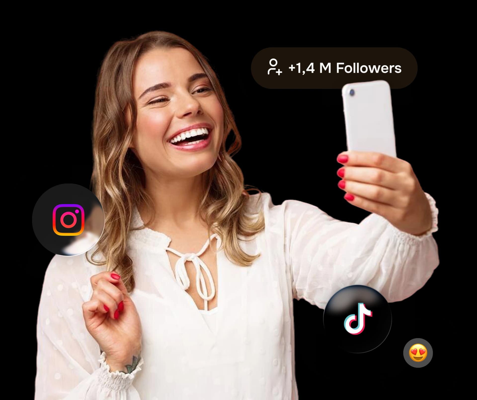 Local food creator filming a selfie video for restaurant content with social platform badges